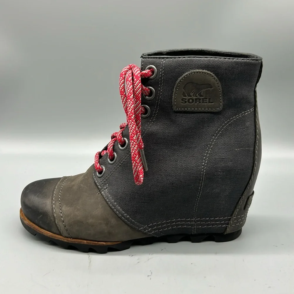 SOREL PDX GRAY LEATHER CANVAS LUG SOLE HIDDEN WEDGE HEEL LACE UP BOOT SIZE 8.5 - Picture 6 of 10